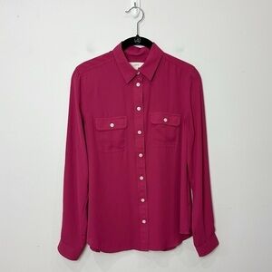 Loft Button Down Shirt Red Roll Tab Long Sleeve Patch Pockets
